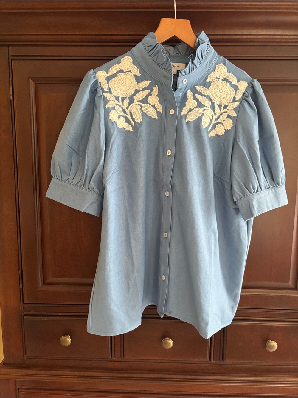 Avara Blue Embroidered Puff-Sleeve Blouse - Picture 1 of 7